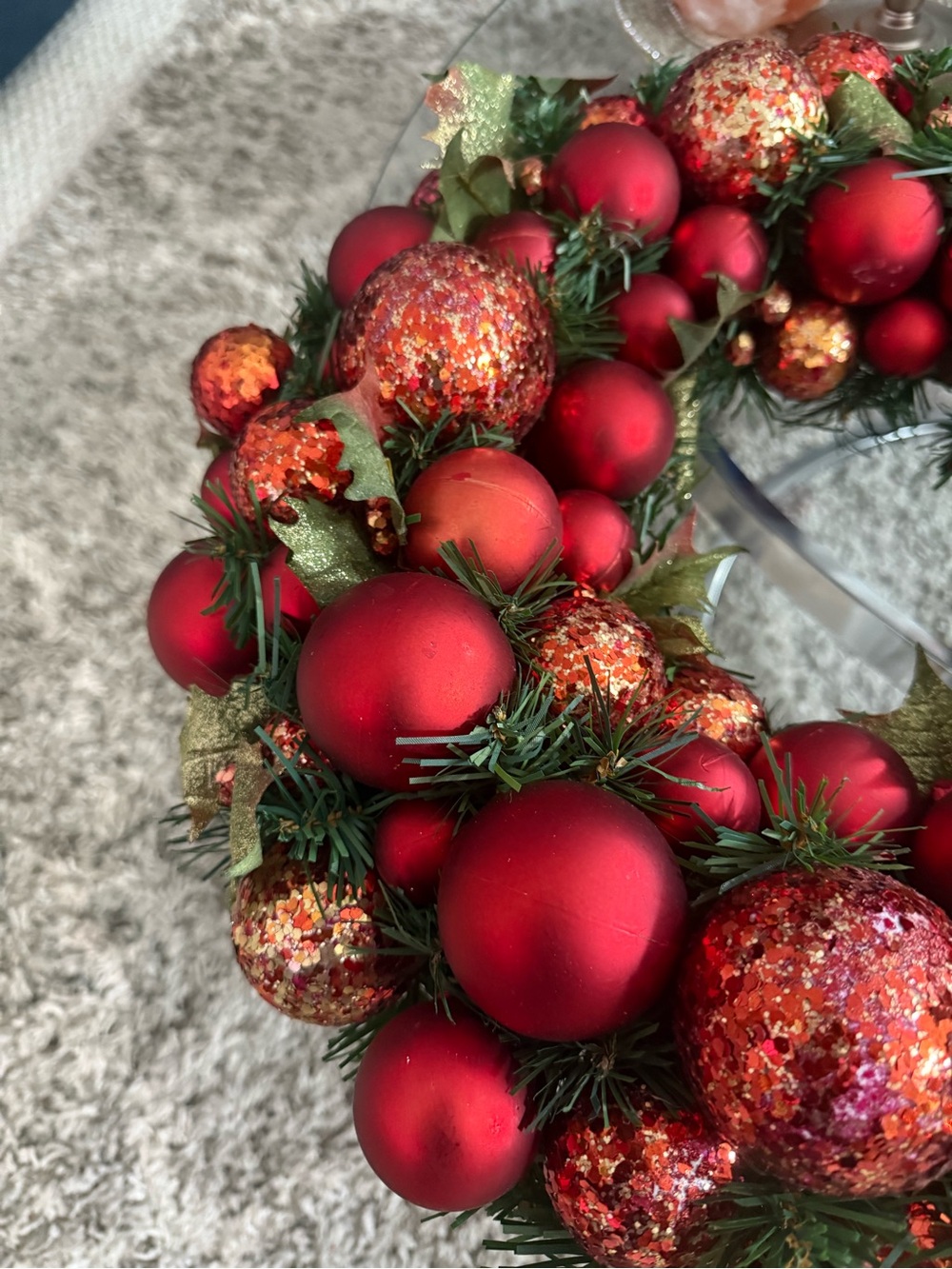 Festive Red Ornament Holiday Wreath with Gold Accents